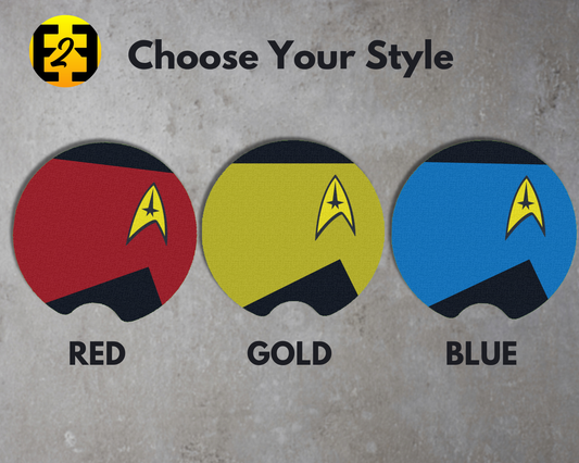 Red, gold, and blue Star Trek uniform neoprene car coasters with yellow Starfleet insignia.