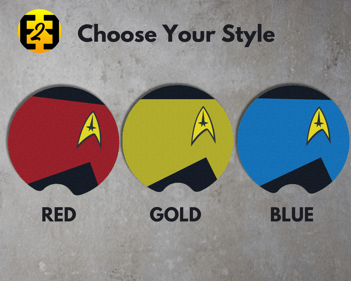 Red, gold, and blue Star Trek uniform neoprene car coasters with yellow Starfleet insignia.