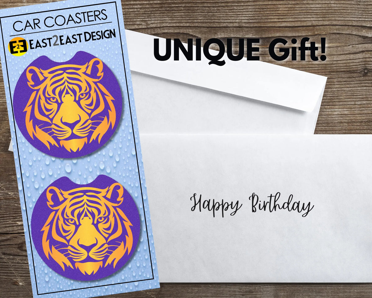 Purple and gold Tiger car coasters unique gift